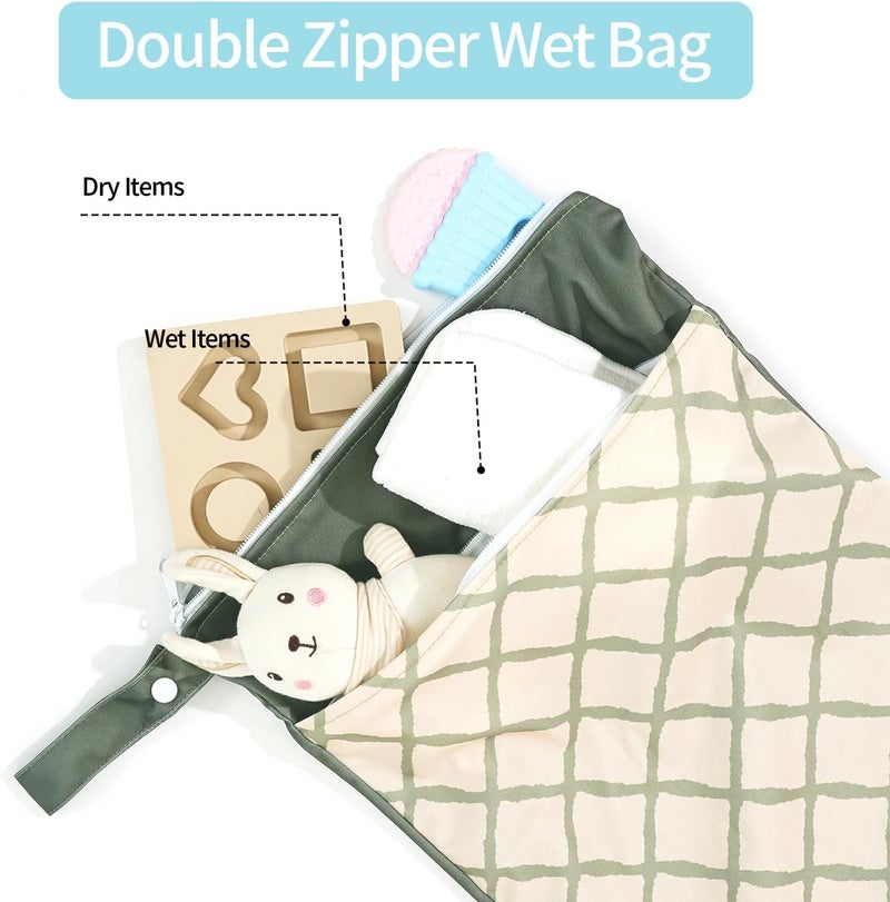 CoolaPeach 2pcs Wet Bags Waterproof Reusable Wet Dry Bag with Two Zippered Pockets Travel Beach Pool Daycare Yoga Gym Bag for Baby Cloth Diaper,Swimsuits,Wet Clothes (Leaves & Grids) - Image 4